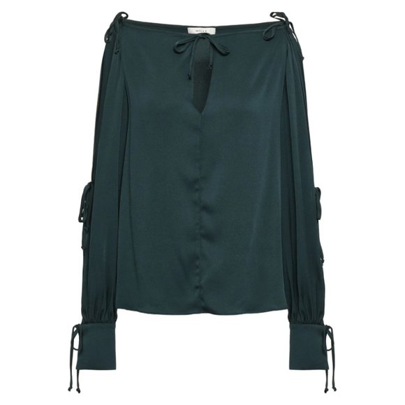 NEW Milly Women Ink Silk Cold Shoulder Bow Tie Long Sleeve V Neck Keyhole Blouse - Picture 4 of 4